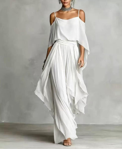 Seraphina Draped Cold-Shoulder Co-ord Set in white with flowing top and wide-leg skirt
