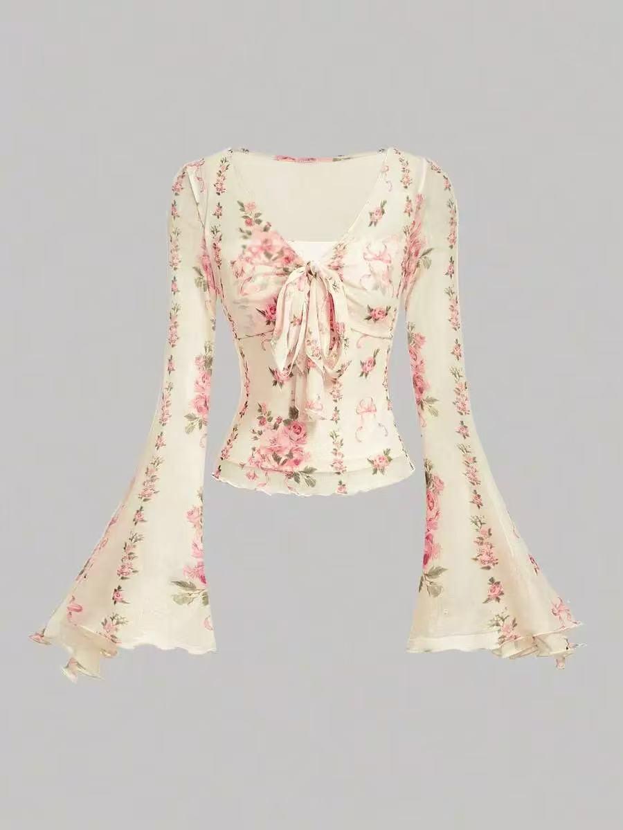 Floral Bell Sleeve Top by EXCLUSIVES, cream with pink print, tie-front, long bell sleeves