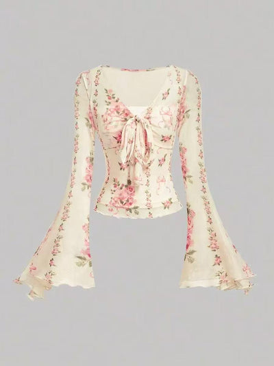 Floral Bell Sleeve Top by EXCLUSIVES, cream with pink print, tie-front, long bell sleeves