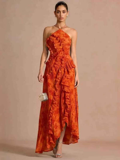 Elodie Pleated Ruffle Halter High-Low Printed Dress