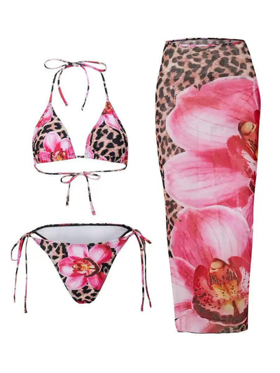 3 Piece Printed Bikini Swimsuit Set With Skirt