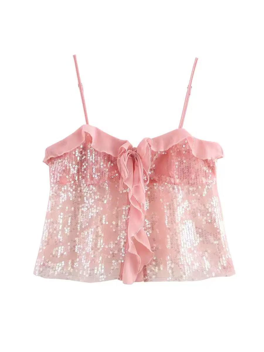 Spaghetti Strap Ruffle Cami Crop Sequins Top
