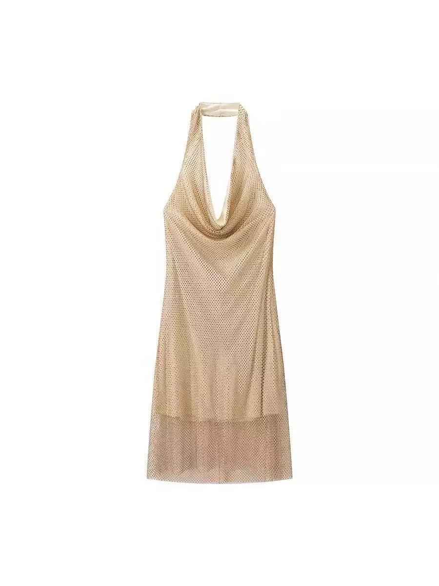 Rhinestone mesh deep-cowl halter mini dress, gold, Exclusives on sale