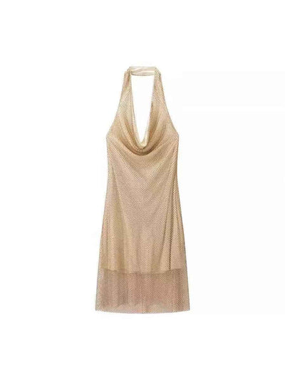 Rhinestone mesh deep-cowl halter mini dress, gold, Exclusives on sale