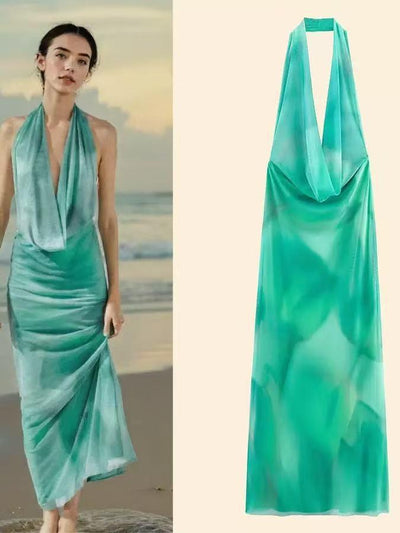 Ombre Print Halter Cowl Neck Maxi Dress