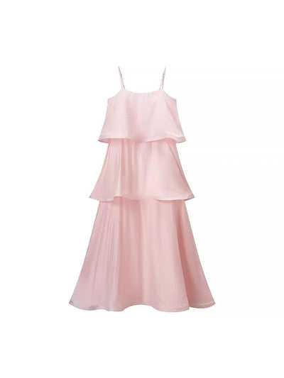 Blush pink spaghetti-strap maxi dress with layered ruffle tiers and flowing floor-length skirt.