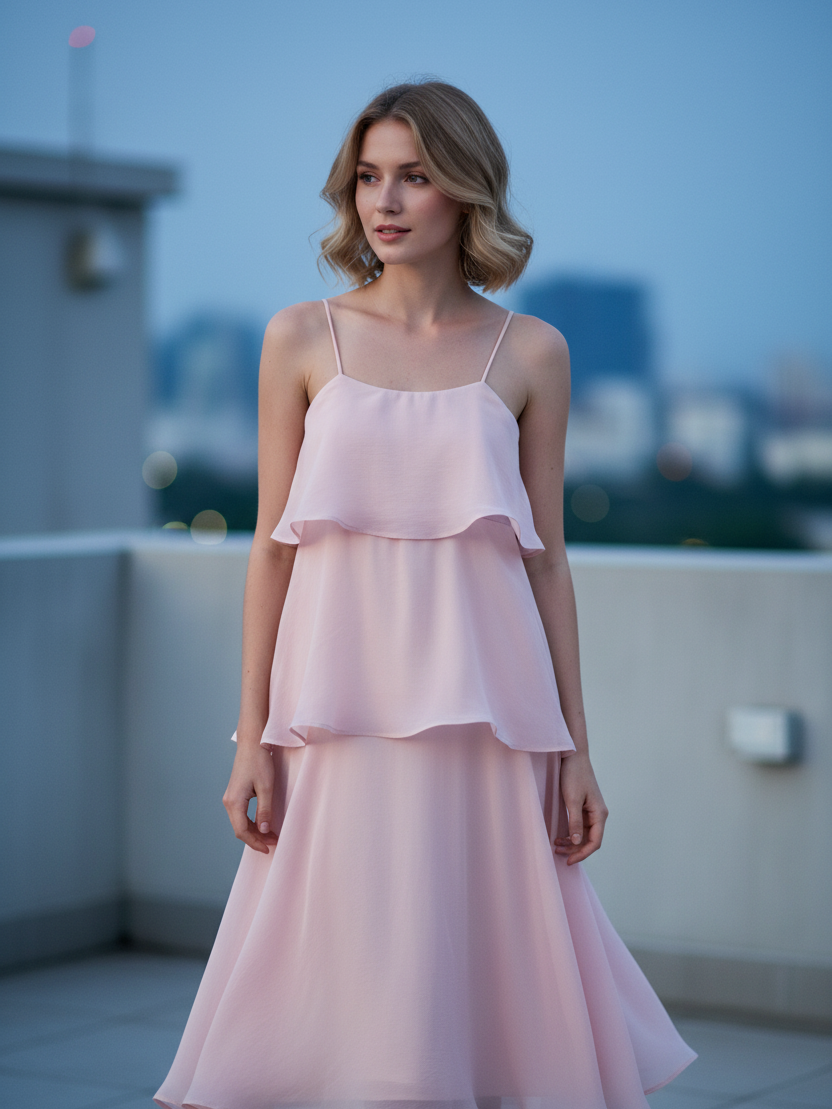 Soft blush pink tiered ruffle maxi dress with spaghetti straps and airy chiffon on a rooftop.