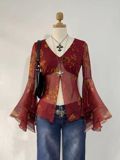 Valentina Floral Bell Sleeve Top, burgundy sheer blouse with yellow floral print and bell sleeves.