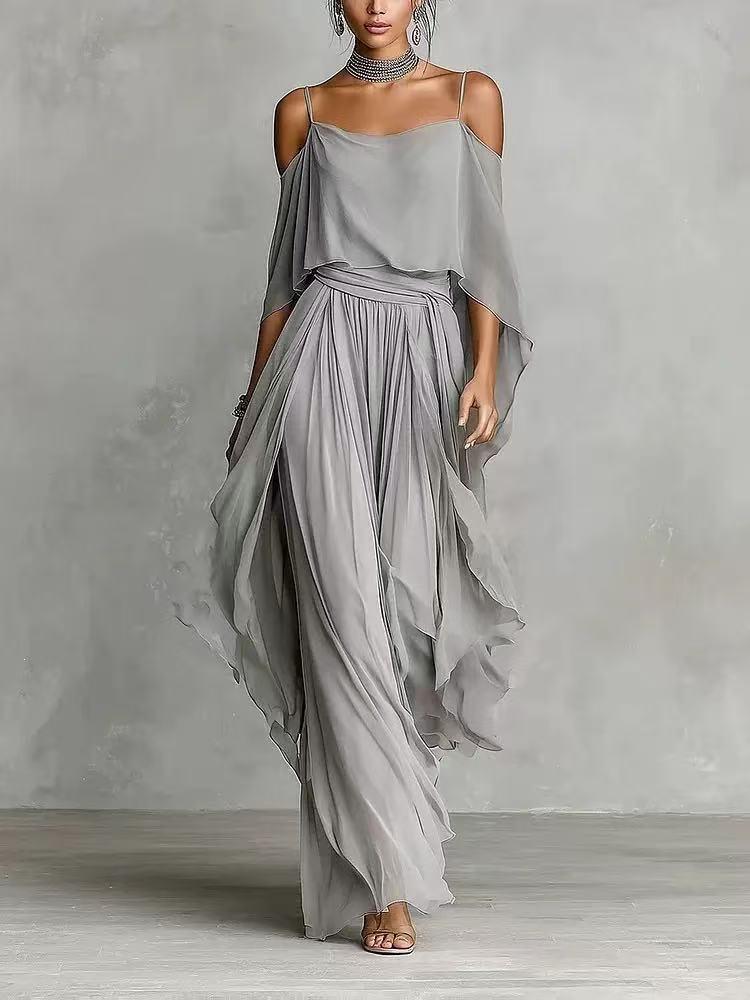 Seraphina Draped Cold-Shoulder Co-ord Set, gray flowing chiffon combo outfit by EXCLUSIVES.