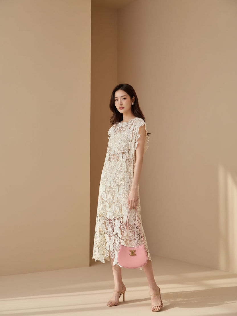 Butterfly Cutout Hollow Out Midi Dress by EXCLUSIVES; ivory lace with butterfly motifs.