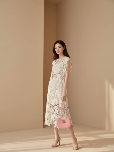 Butterfly Cutout Hollow Out Midi Dress by EXCLUSIVES; ivory lace with butterfly motifs.