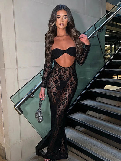 See Through Cutout Lace Maxi Dress