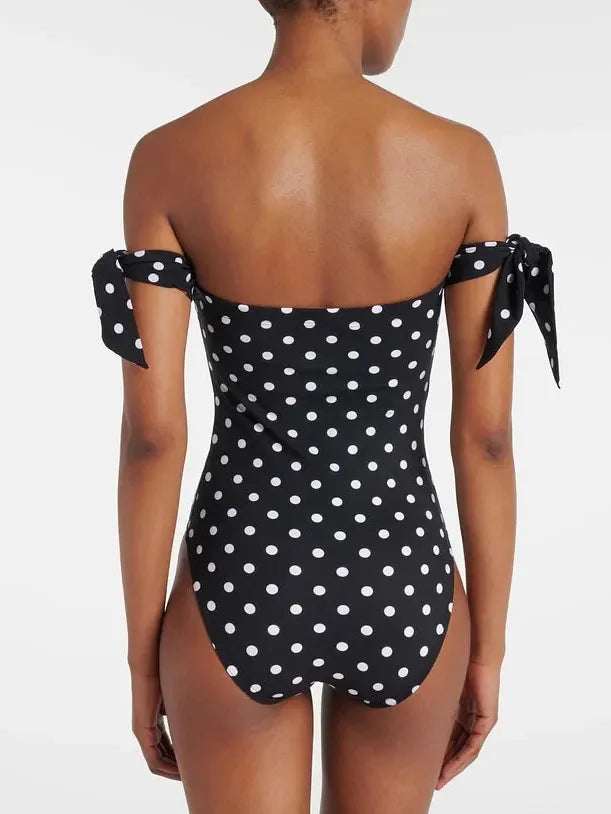 Polka Dot Off-Shoulder Swimsuit, black with white dots, back view with bow-tie straps