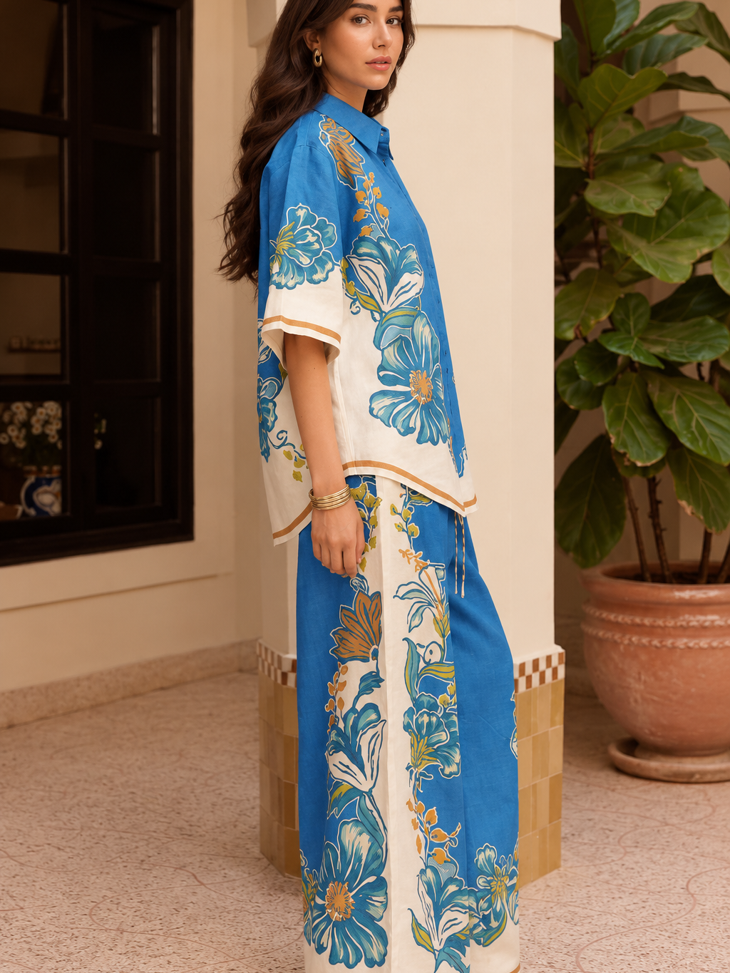 Floral Border Print Shirt & Wide-Leg Pants Set 2-piece by Exclusives, blue and white floral print, on sale