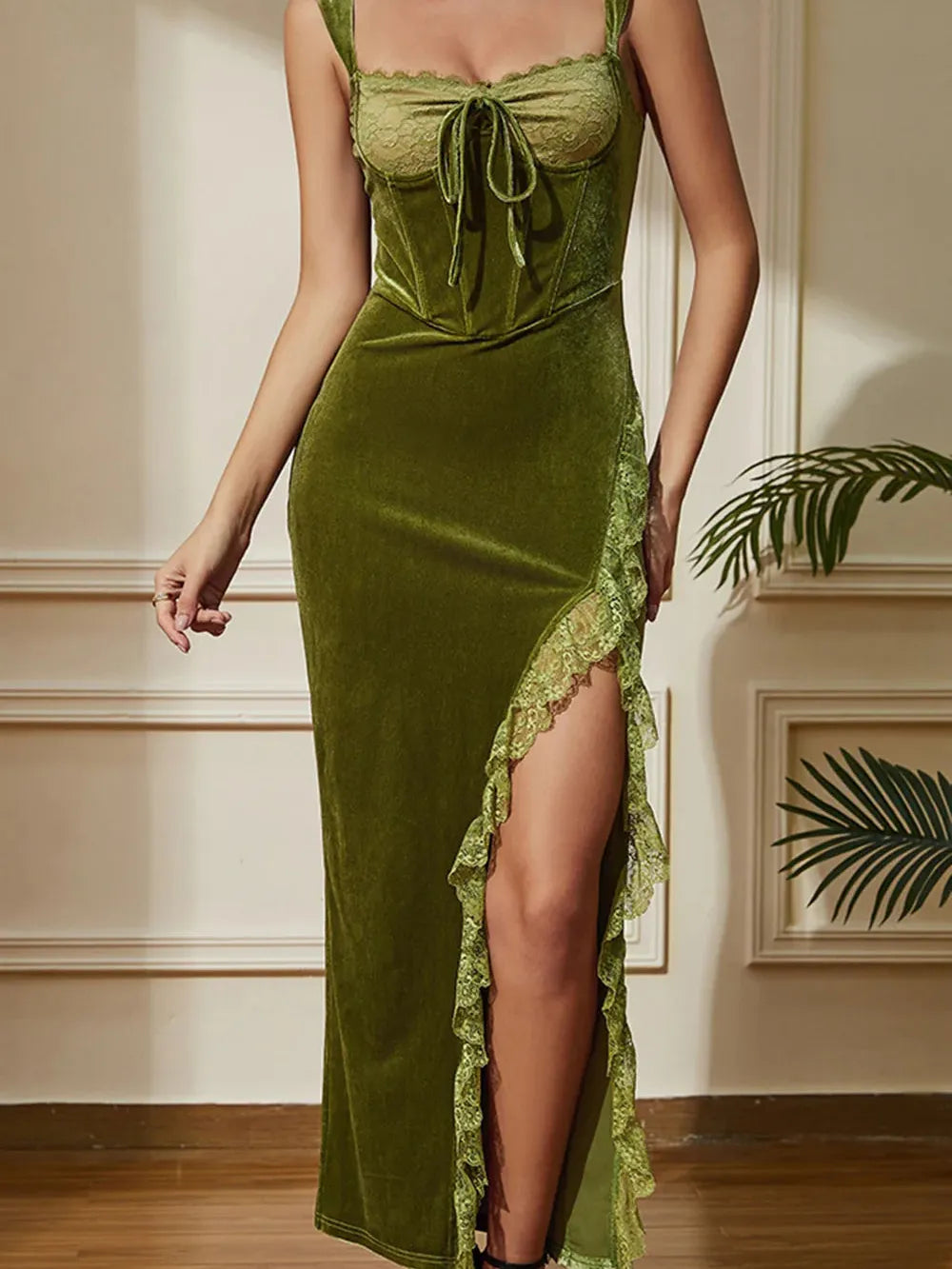 Green Mermaid Velvet Corset Long Party Dress with Laced Slit