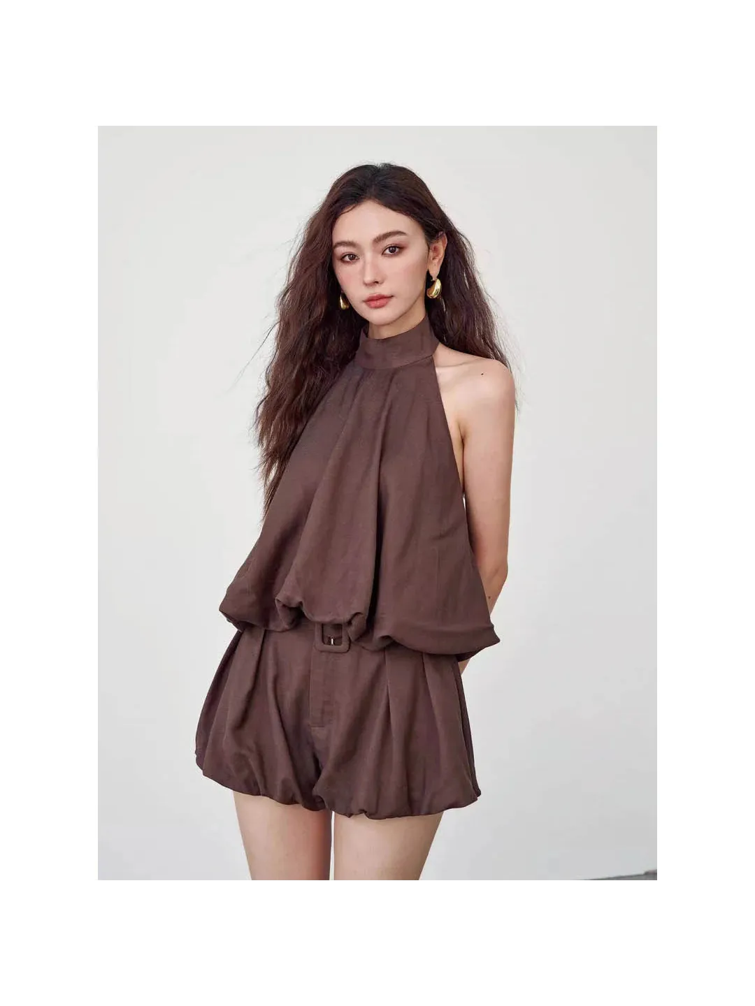 Mocha Muse two-piece belted halter coord set in brown with matching shorts
