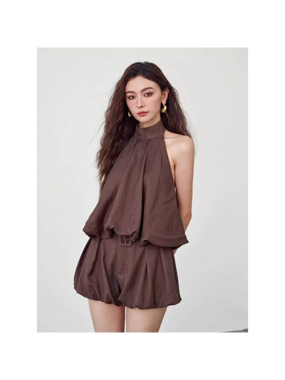 Mocha Muse two-piece belted halter coord set in brown with matching shorts