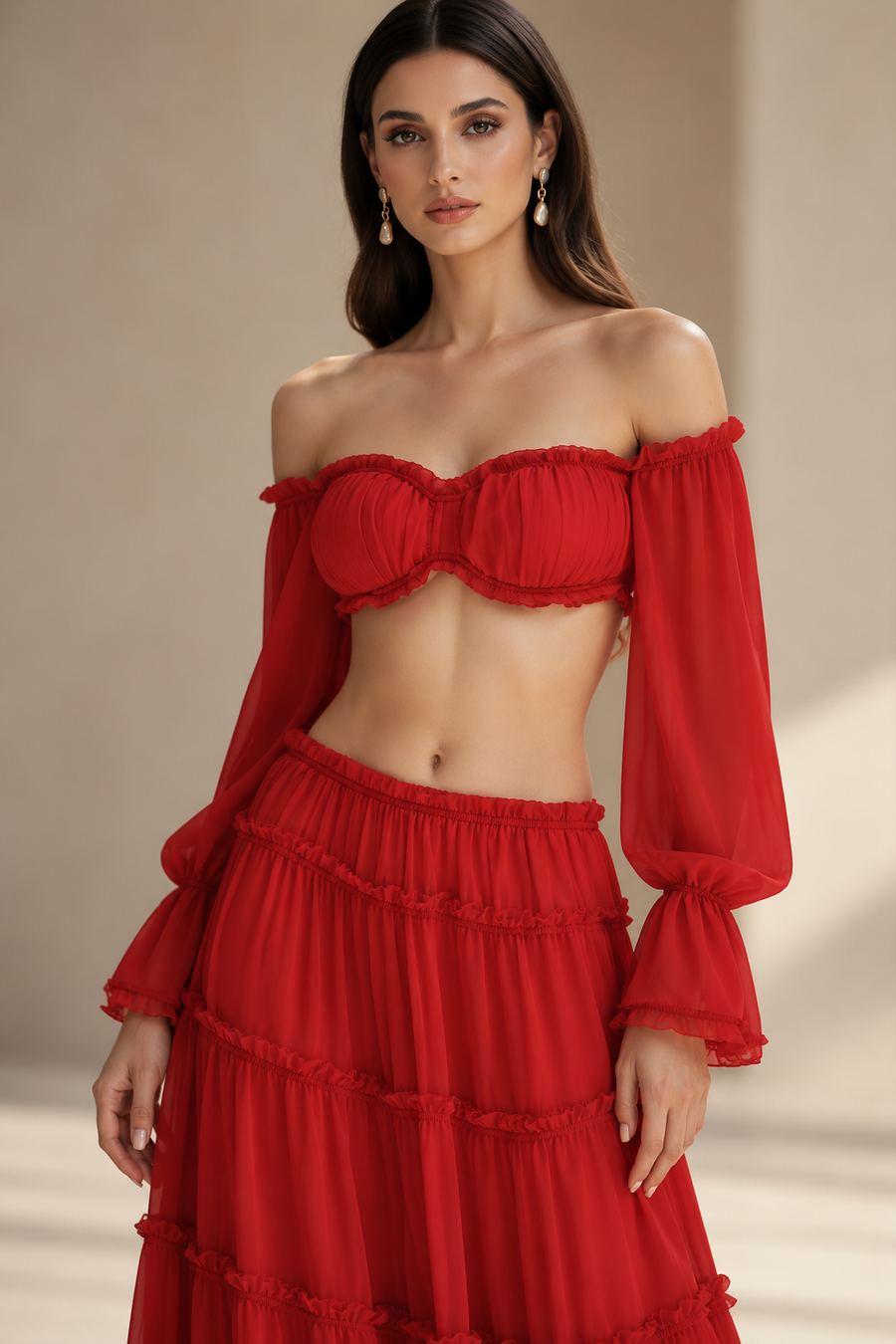 Scarlet Ruffle Off-Shoulder Tiered Maxi Set, red two-piece outfit by Exclusives