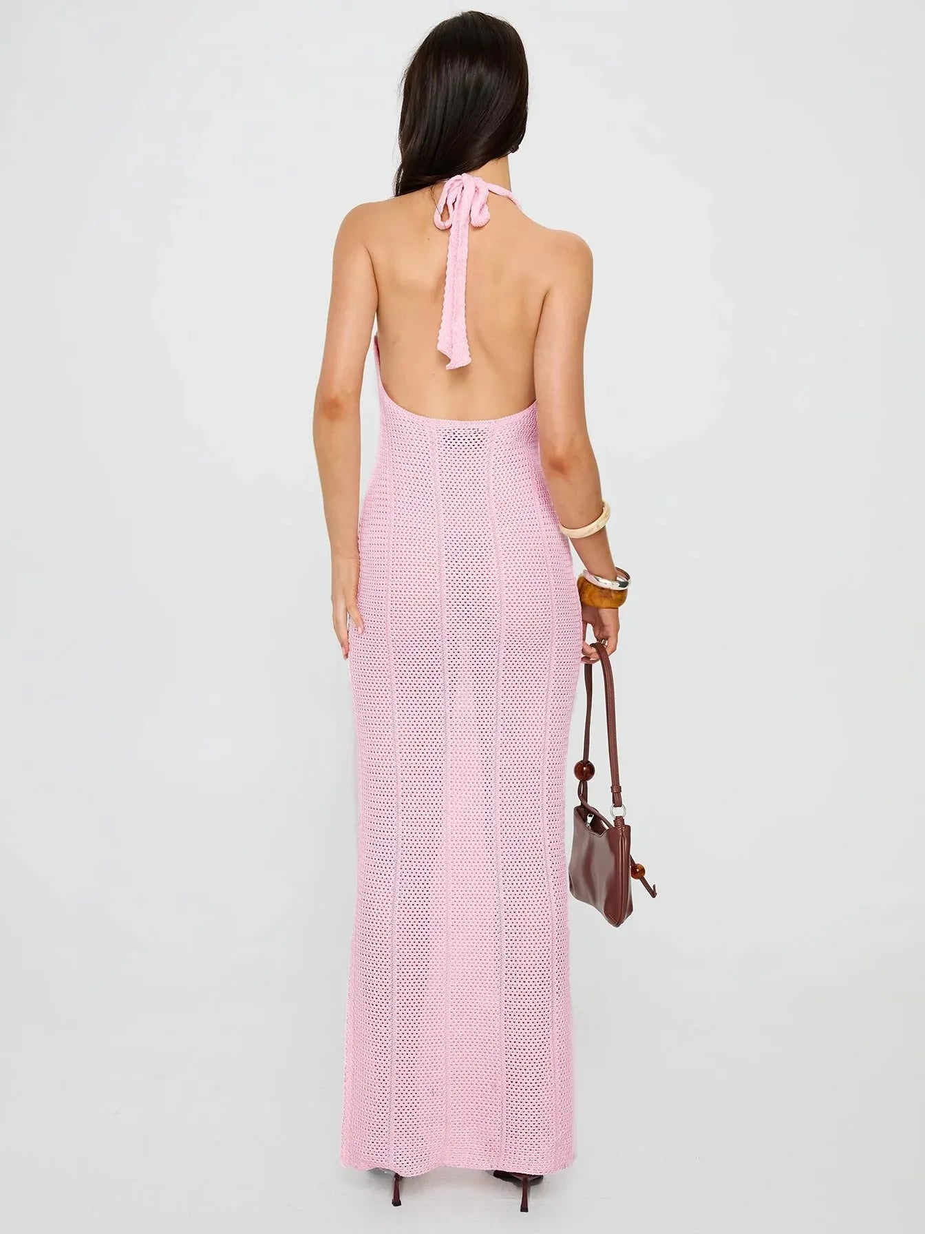 Halterneck Backless Crochet Applique Flower Maxi Dress