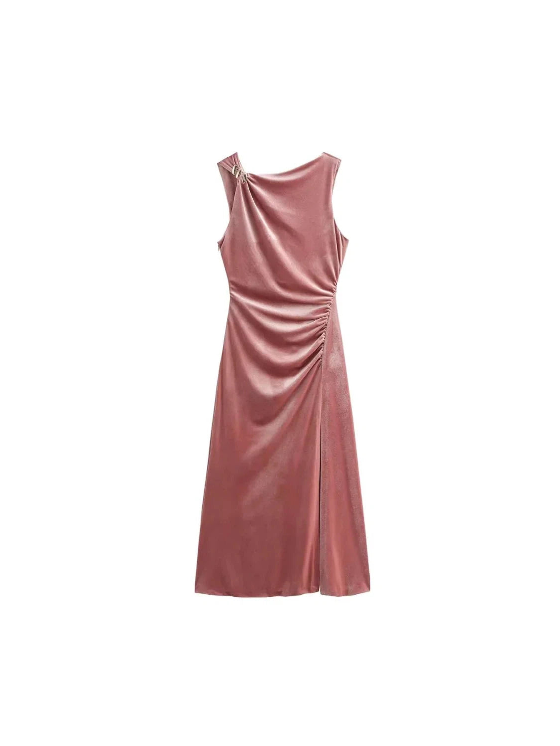 Ring Applique Ruched Slit Midi Dress