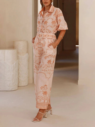 Short Sleeve Top With Belt And Straight Pants Set