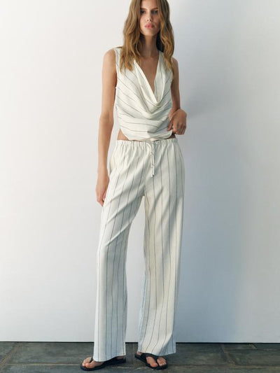 Striped Deep Cowl Neck Top & Wide Leg Pant Coord Set