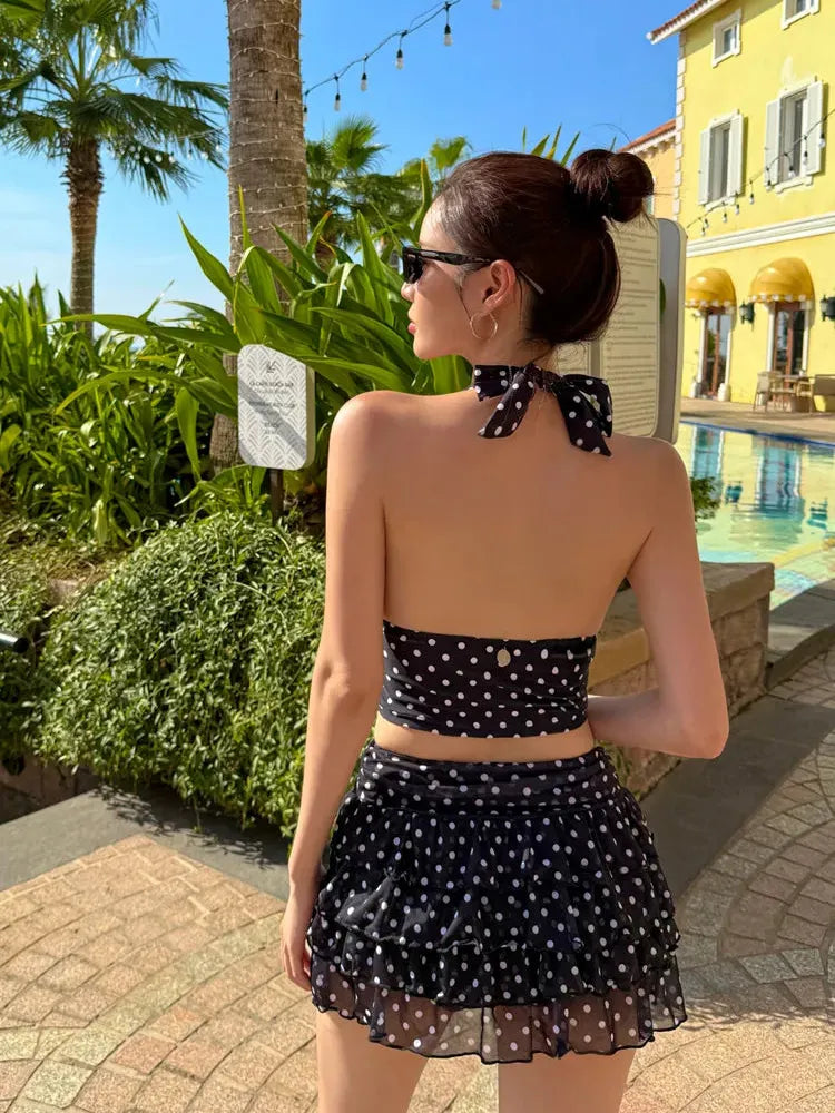 Mila Polka Co-ord Set by EXCLUSIVES, black polka-dot halter top with tiered ruffle skirt, on sale