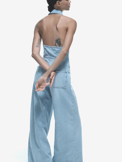 Halterneck Backless Denim Jumpsuit