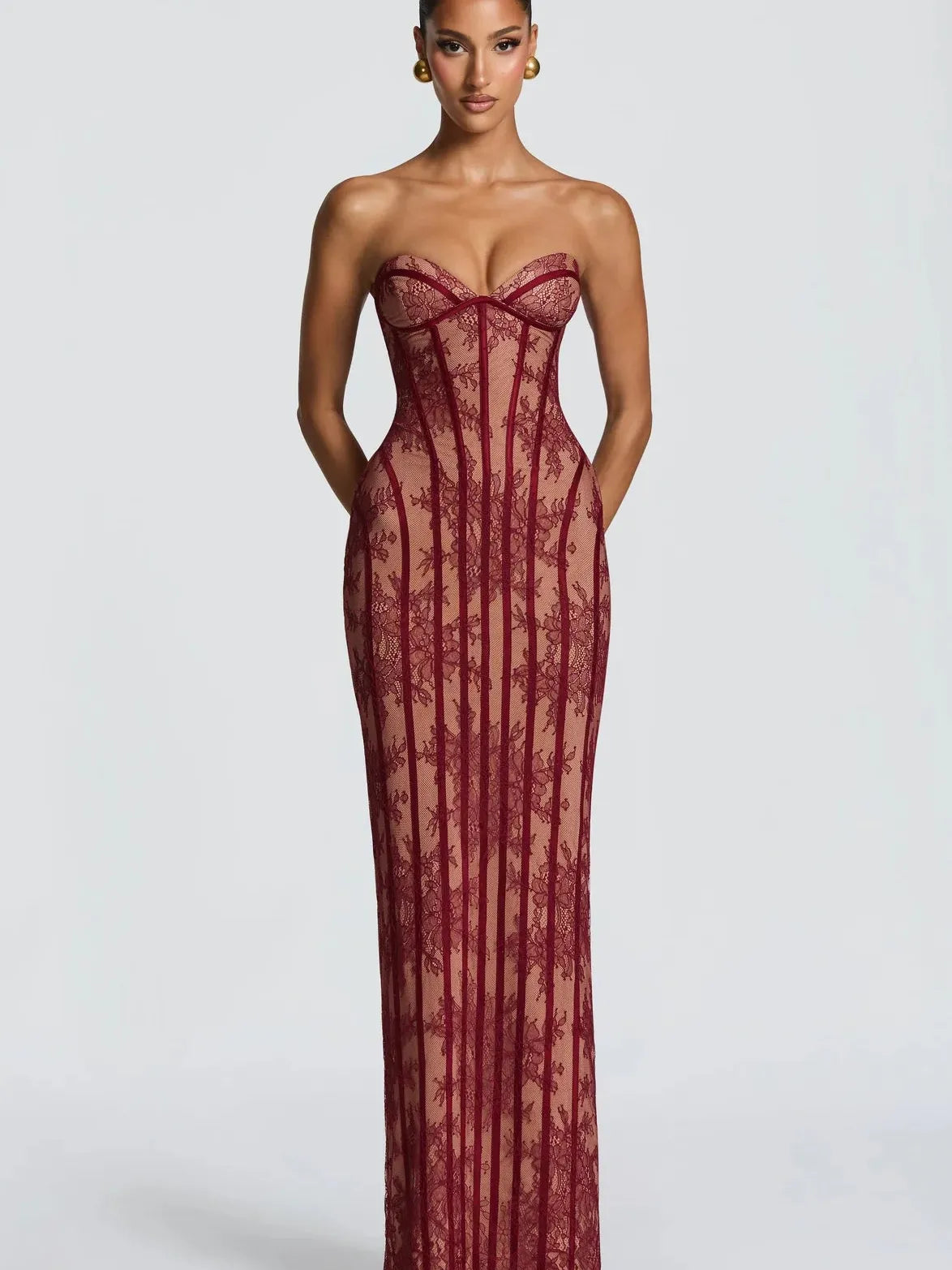 Floral Lace Corset Mermaid Gown by Exclusives - burgundy strapless dress with sheer lace panels