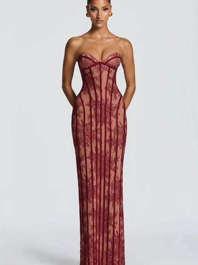 Floral Lace Corset Mermaid Gown by Exclusives - burgundy strapless dress with sheer lace panels