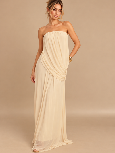 Ivory Strapless Drape Maxi Dress with flowing fabric, Dresses on Sale