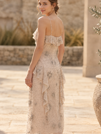Celestial Ruffle Embellished Midi Dress, nude-beige with silver beading and cascading ruffles, spaghetti straps