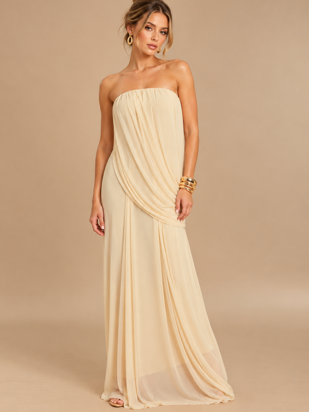 Ivory strapless drape maxi dress by Exclusives, Dresses on Sale