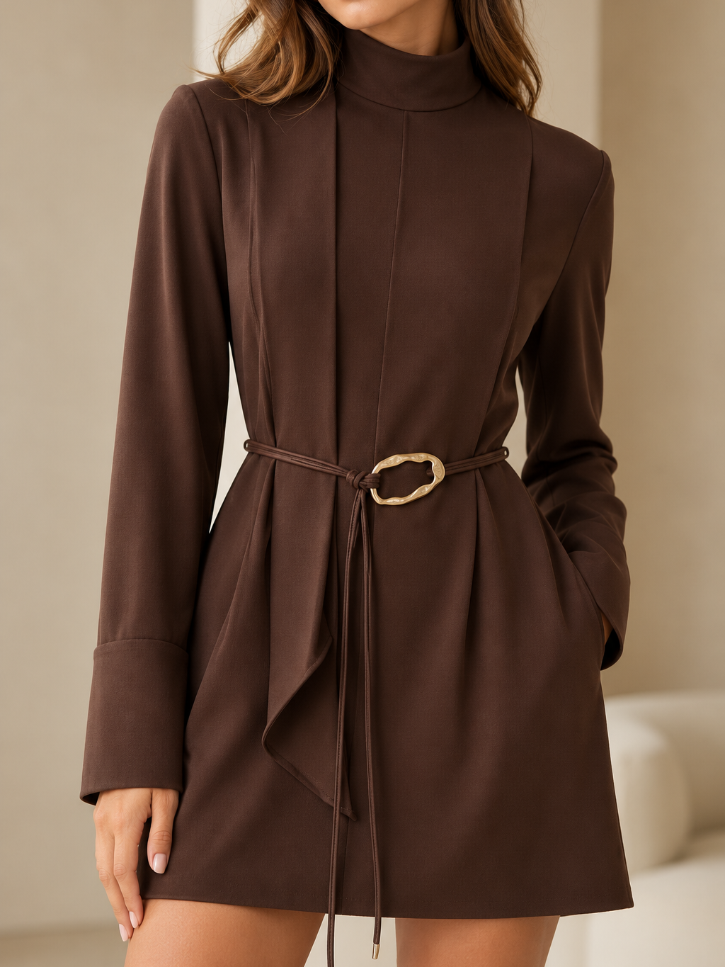 Mocha satin high-neck mini dress with rope belt and gold buckle by Exclusives