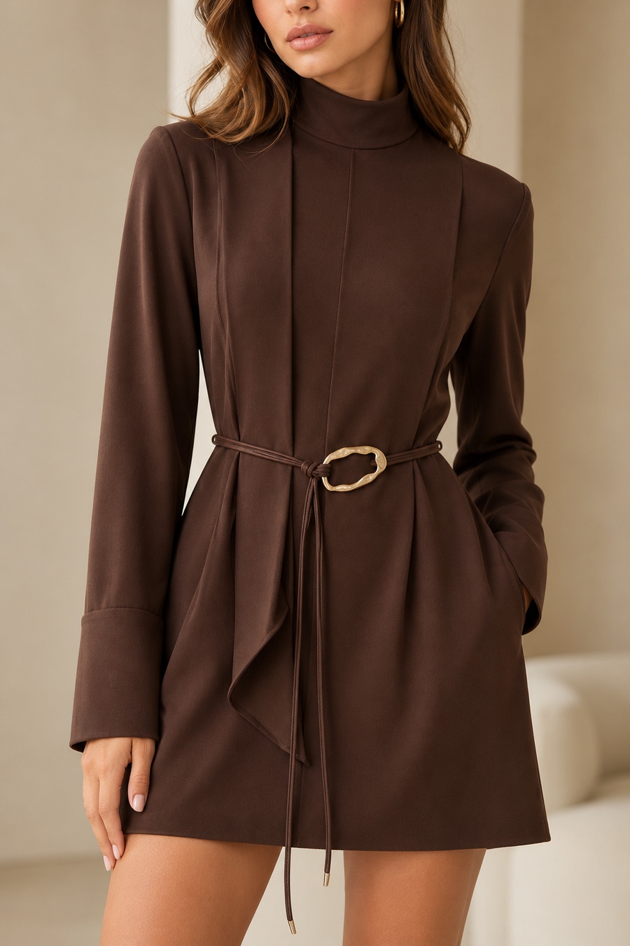 Mocha satin high-neck mini dress with rope belt and gold buckle by Exclusives
