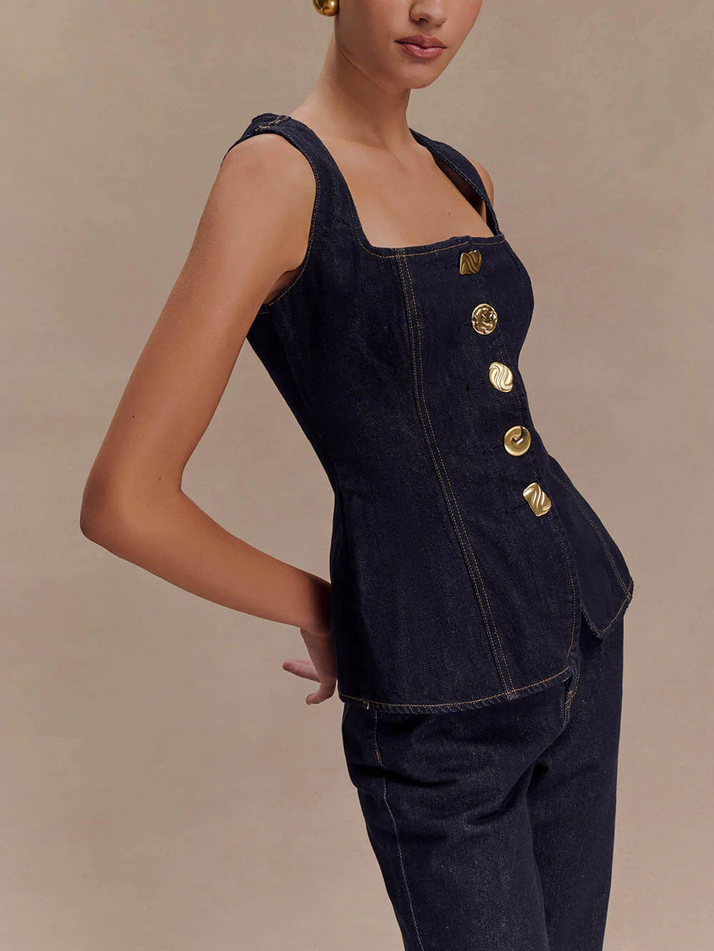 Sleeveless Button Down Applique Denim Vest Top