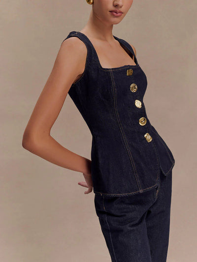 Sleeveless Button Down Applique Denim Vest Top