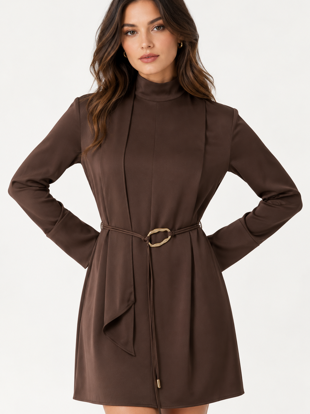 Mocha satin high-neck mini dress with rope belt by Exclusives, on sale