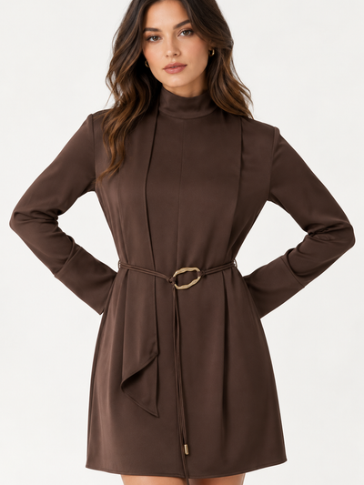 Mocha satin high-neck mini dress with rope belt by Exclusives, on sale