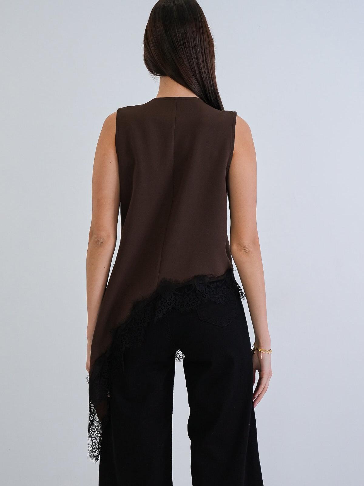 Asymmetrical Lace Trim Button Vest Top by Exclusives, brown sleeveless blouse with black lace hem