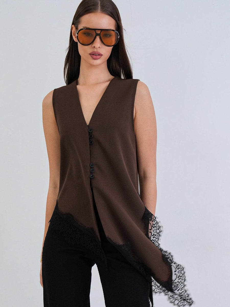 Asymmetrical Lace Trim Button Vest Top, brown sleeveless top with black lace hem and button front