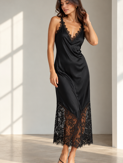 Lace Trim Asymmetrical Slip Midi Dress in black satin with lace hem