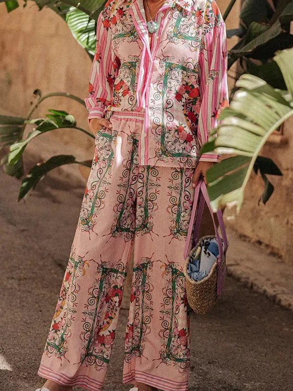Floral Print Long Sleeve Shirt ＆ Wide Leg Pants Coord Set