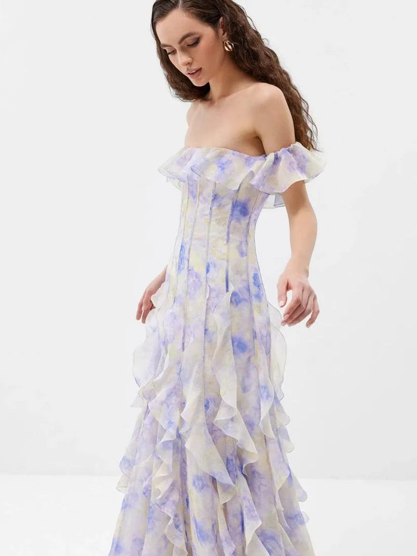 Ruffle Floral Print Frill Off-Shoulder Maxi Dress