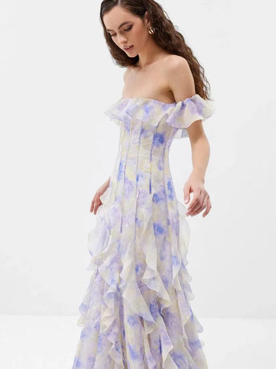 Ruffle Floral Print Frill Off-Shoulder Maxi Dress