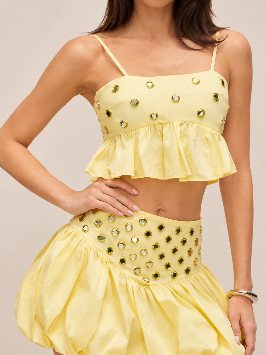 Eyelet Embellished Ruffle Co-Ord Set, yellow two-piece with cropped top and matching skirt