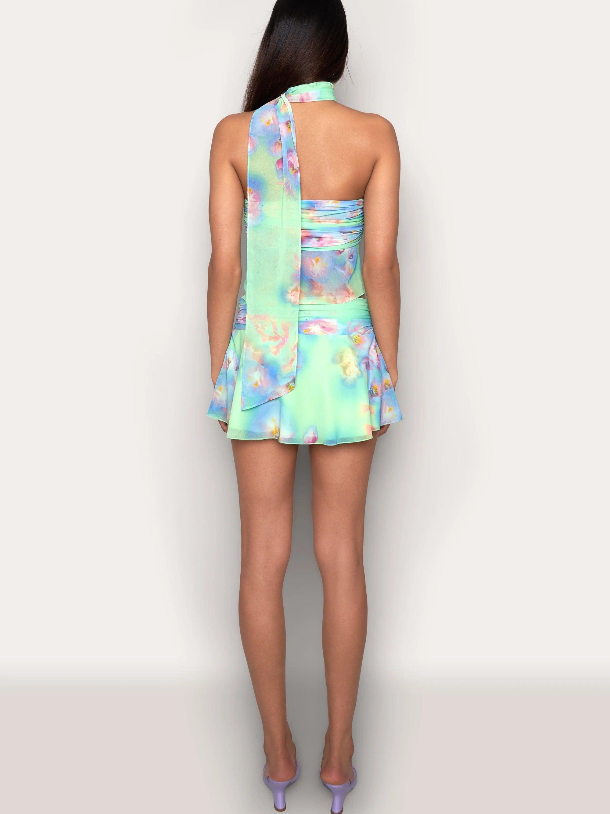 Floral Print Ruffle Trim Halter Top & Mini Skirt Coord Set