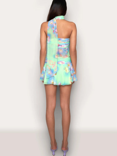 Floral Print Ruffle Trim Halter Top & Mini Skirt Coord Set