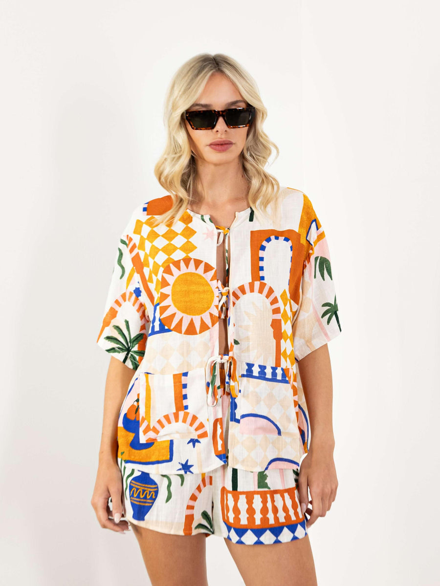 Geometric Print Tie-Up Top & Shorts Coord Set Set