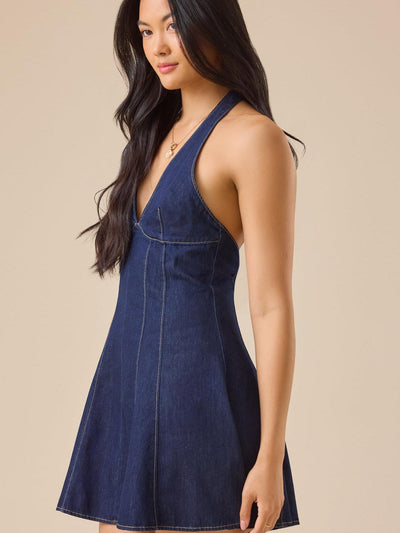 Denim Halterneck Backless Short Dress